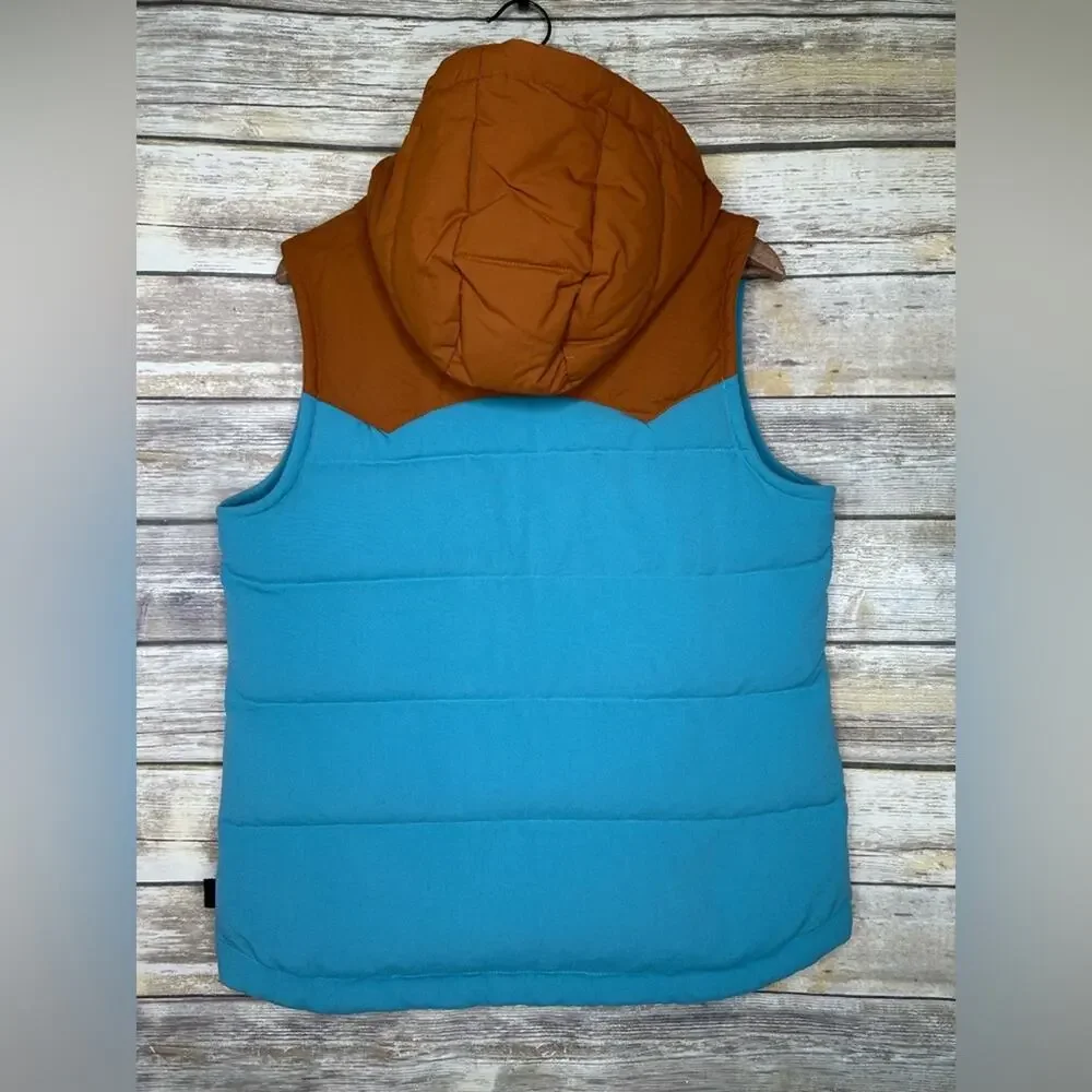 Patagonia Bivy Hooded Down Vest in Mogul Blue size L mushroom print interior